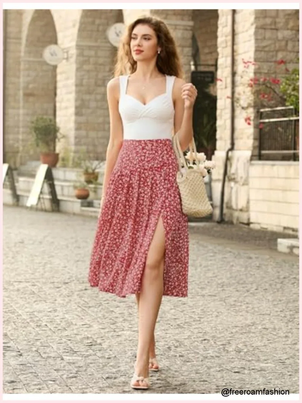 Women's Floral Midi Skirt with Slit High Waist Pleated A-Line Pockets Adjustable